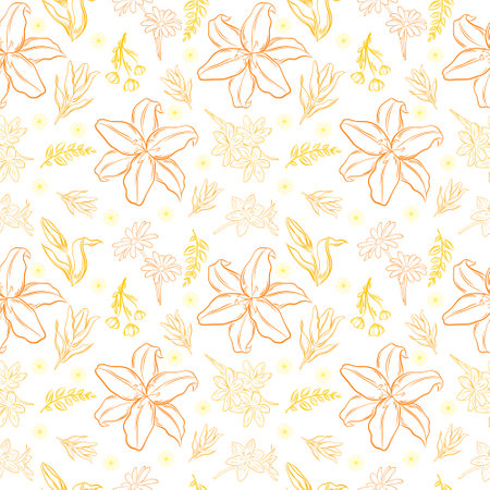 Pattern with yellow, orange flowers, branches, leaves. Pattern for printing, postcarding, decor, backgrounds, labels, webのイラスト素材