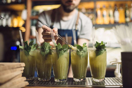 Young male bartender preparing an row of mochito at a bar counterの写真素材