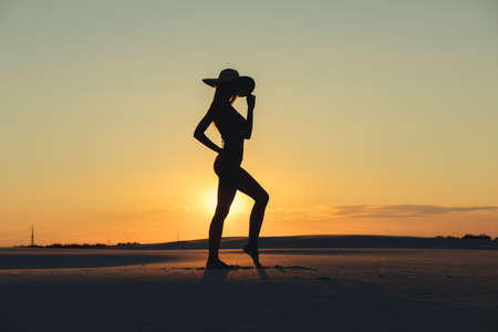 Silhouette of beautiful body woman posing in gold desert at sunsetの写真素材