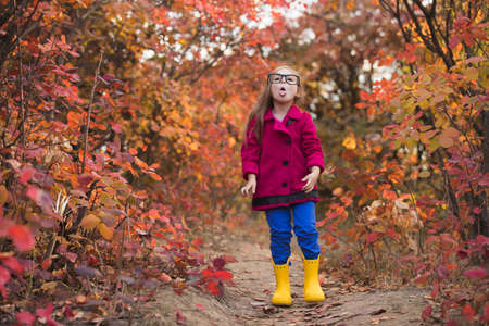 Fashionable little girl in big fake eyeglasses at the autumn day, red foliage on backgroundの写真素材