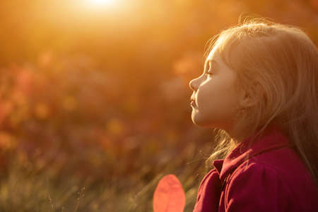 Cute little girl relaxing on sunset with closed eyes in the autumn dayの写真素材
