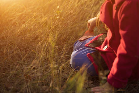 Cropped shot of little girl sitting on grass holding leaf relaxing on sunset at the autumn dayの写真素材