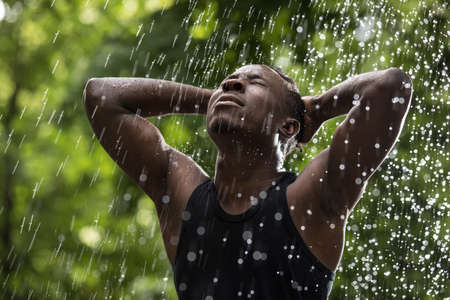African man enjoying fresh summer rainの写真素材