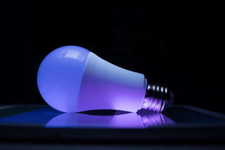 Led lamp shining blue and violet lights, modern techno styleの写真素材