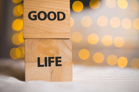 Good Life words written on a wooden decorative cubesの写真素材