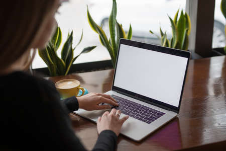 Woman freelancer working by laptop sitting in cafe, blank empty screen on computer pc, mockup
