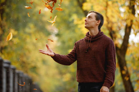 Man throw up yellow leaves at the fall dayの写真素材