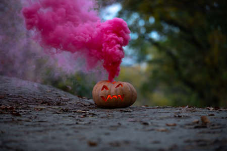 Jack-o-lantern pumpkin on a ground with pink smoke, Halloween backgroundの写真素材