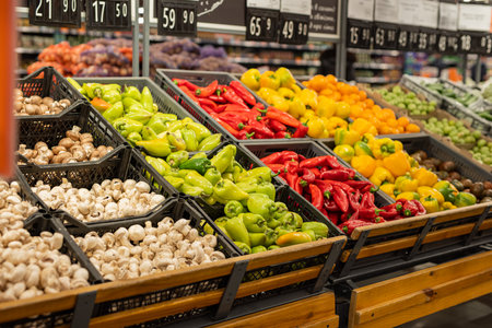 A bunch of different vegetables in boxes at the marketの写真素材