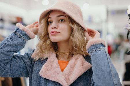 Pretty stylish woman trying on a pink hat in the storeの写真素材