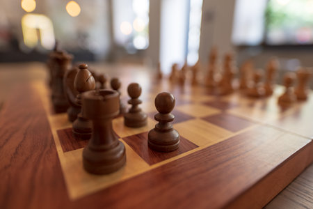 Chess board game on a cafe tableの写真素材