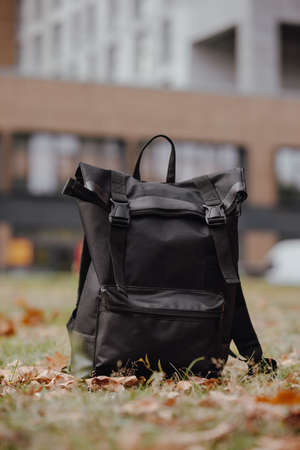 Black backpack standing on the ground in an autumn cityの写真素材