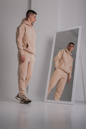 Man posing in studio wearing beige hoodie costumes near mirrorの写真素材