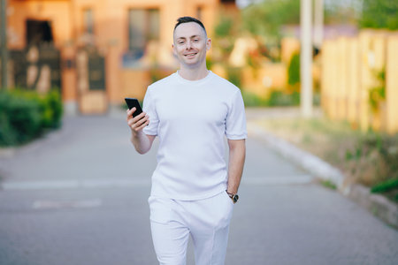 Stylish man in white costume walking at the street holding mobile phoneの写真素材