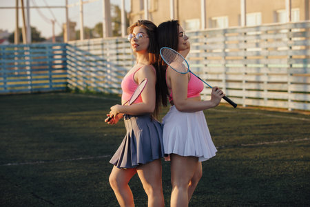 Girls badminton players in skirt posing on the tennis courtの写真素材