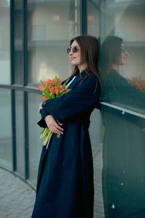 Happy woman holding tulip flowers in the city street at spring dayの写真素材