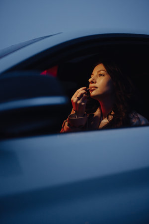 Pretty woman preens in a car painting lips, red lightの写真素材