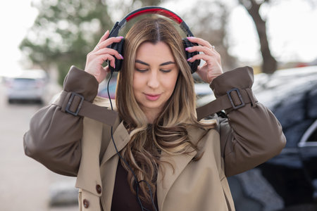 Beautiful woman wearing headphones at the city street listen musicの写真素材
