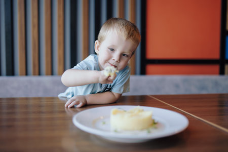 A little boy eating plate with food in cafeの写真素材