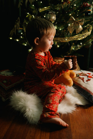 Little boy in red pajama sitting near the Christmas tree at home holding candleの写真素材