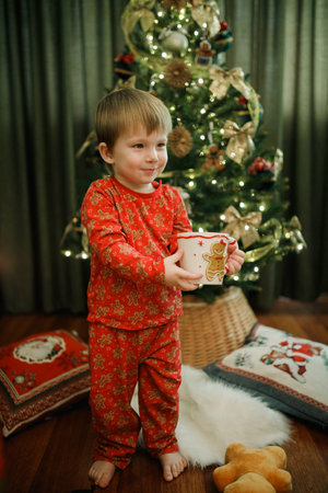 Little boy in red pajama sitting near the Christmas tree at home holding cupの写真素材