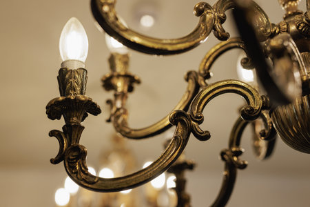 Antique style ornate chandelier with a glowing lightsの写真素材