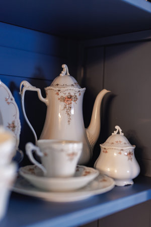 Vintage china tableware with floral pattern displayed in a blue kitchen cabinet