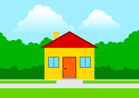 Yellow house in green landscape        のイラスト素材
