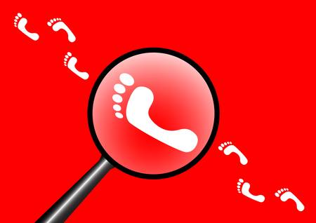 Magnifier and footprints on red background  のイラスト素材