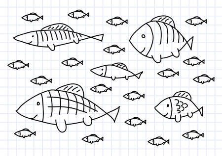 Drawing of fish on squared paperのイラスト素材
