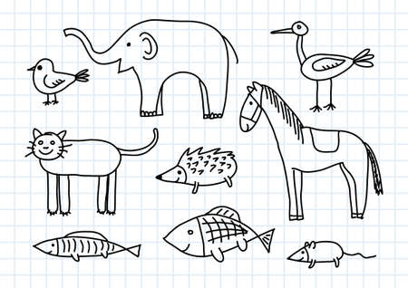 Drawing of animals on squared paperのイラスト素材