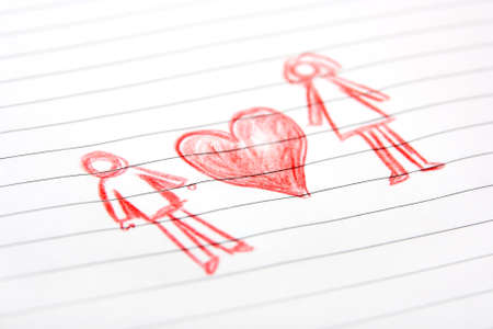 Red drawing on lined paperの写真素材