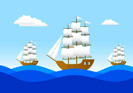Three sailboats on a blue seaのイラスト素材