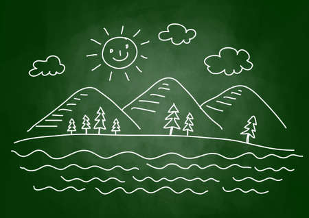 Drawing of landscape on blackboardのイラスト素材