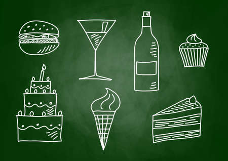 Drawing of food and drink on blackboardのイラスト素材