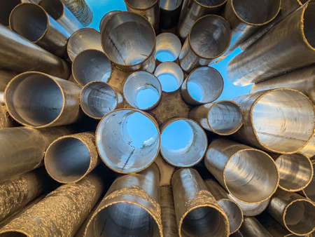 A view looking up through the tubes of the Sibelius Monument in Helsinkiの写真素材