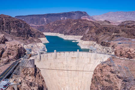 A view of the Hoover Dam and Lake Mead from the Pat Tillman Memorial Bridgeの写真素材