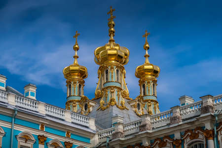 A close up shot of gold domes and crosses at Catherines Palace in St Petersburg Russiaのeditorial素材
