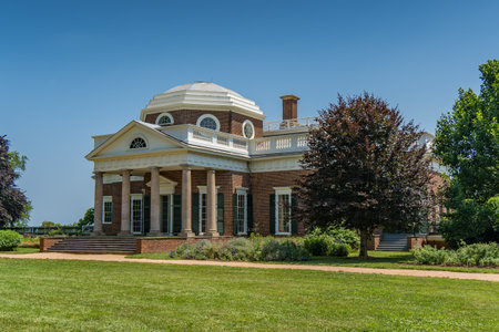 View of the front exterior of Thomas Jefferson's Monticello residence in Virginiaの写真素材