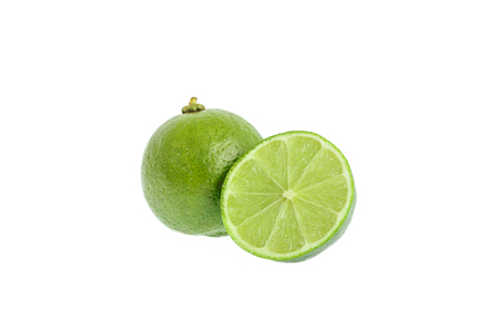 Citrus lime fruit with slice and half isolated on white background with clipping pathの写真素材