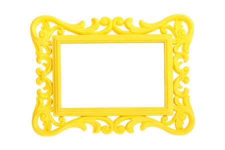 Modern plastic bright yellow picture frame with antique styling isolated on white background.の写真素材