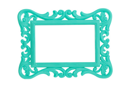 Modern plastic bright green picture frame with antique styling isolated on white background.の写真素材