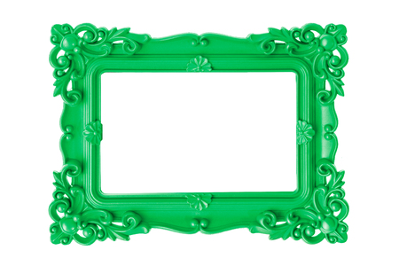 Modern plastic bright green picture frame with antique styling isolated on white background.の写真素材