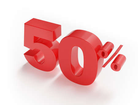 50% discount on sale. One hundred and five percent red isolated on white background. 3d rendering. Illustration for advertising.の写真素材
