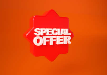 Special offer  3d text banner sales discount.  3d render graphic red tag label isolated on red background