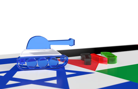 3d render of Israeli  and Palestinian war tank facing each other in two flagsの写真素材