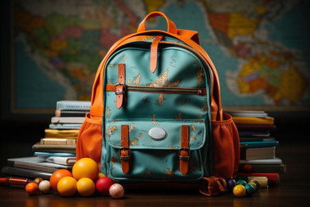 Schooltime Adventures: Child's Backpack on Desk with Playful Polka Dots, World Map in  the Background. Generative AIの素材