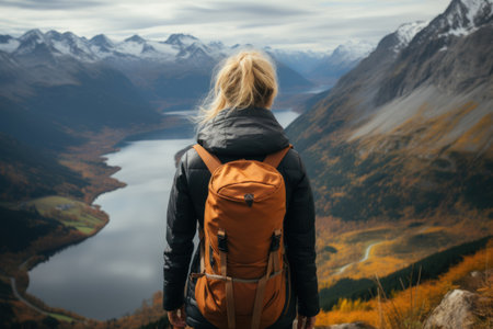 Nomadic Passport: Adventurous Woman Looking from atop a  Mountain with Backpack. Generative AIの素材
