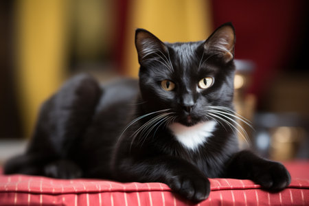 Contrasting Comfort: Black and White Cat Resting on a Red  Cushion. Generative AIの素材