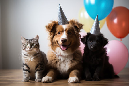 Cat and dog with party hats and balloons celebrate life  on white background. Generative AIの素材
